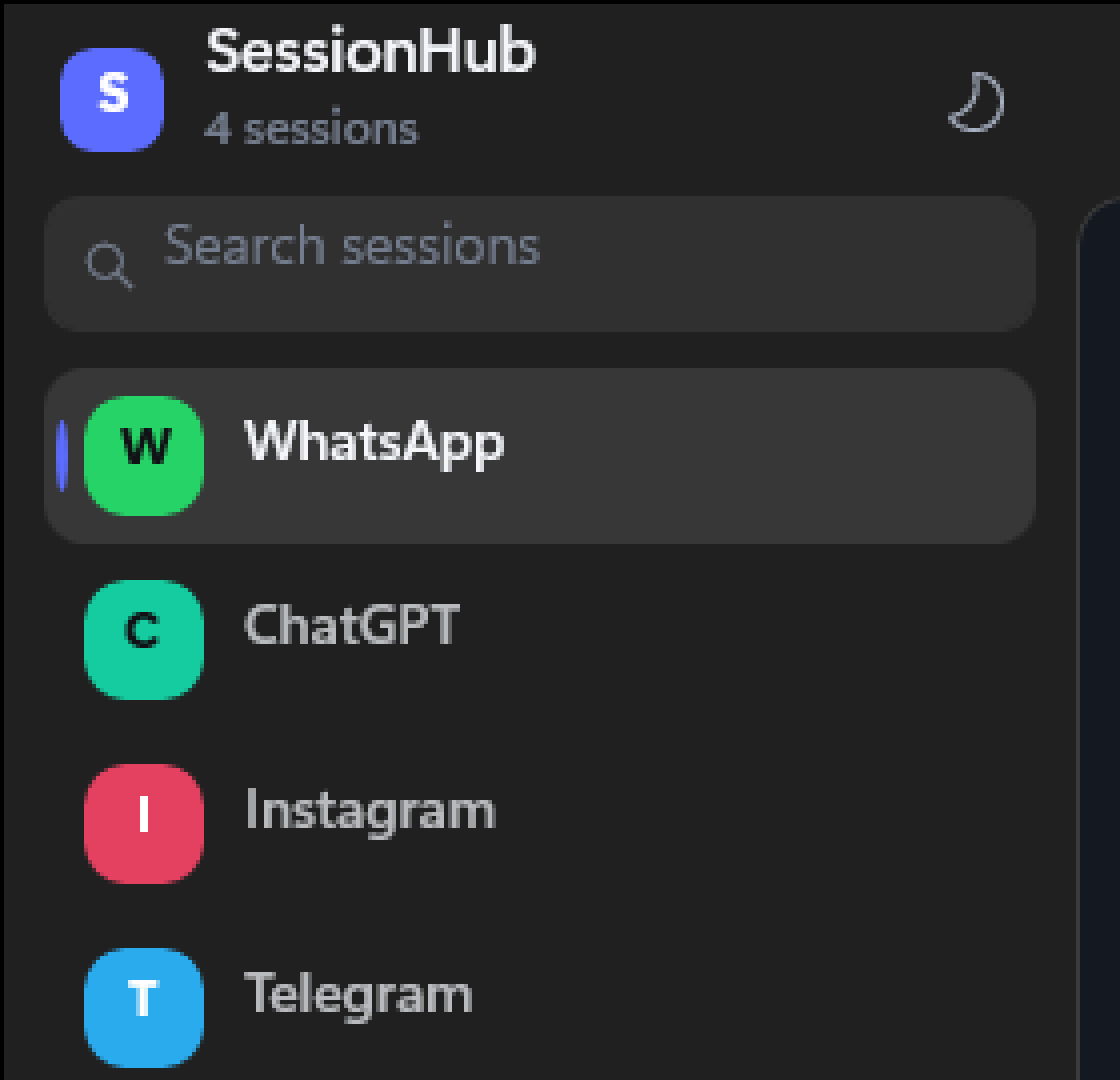 SessionHub sidebar listing WhatsApp, ChatGPT, Instagram and Telegram with a search field.
