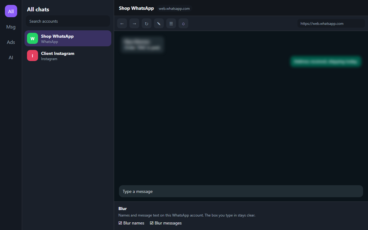 WhatsApp names and messages blurred in SessionHub, with the typing box still readable.