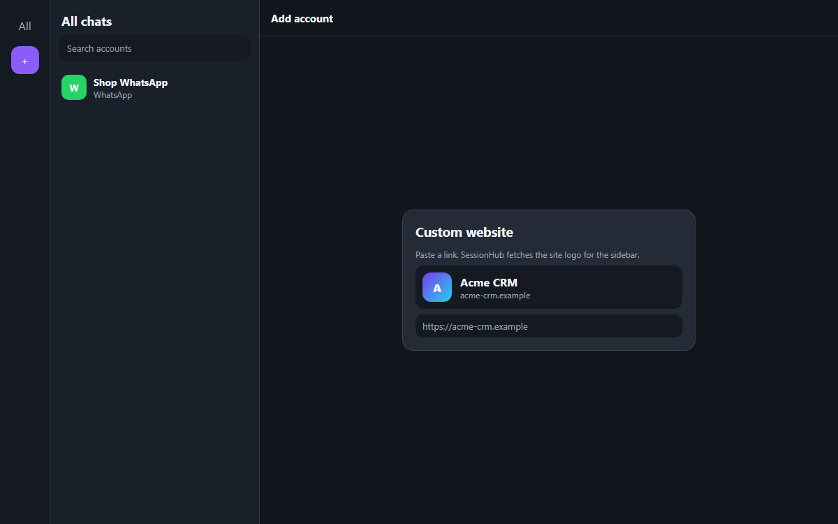 Add account dialog for a custom website, with Acme CRM’s logo fetched for the sidebar.