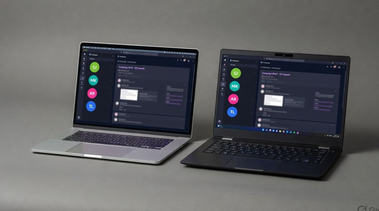 A MacBook and a Windows laptop side by side, both running SessionHub.