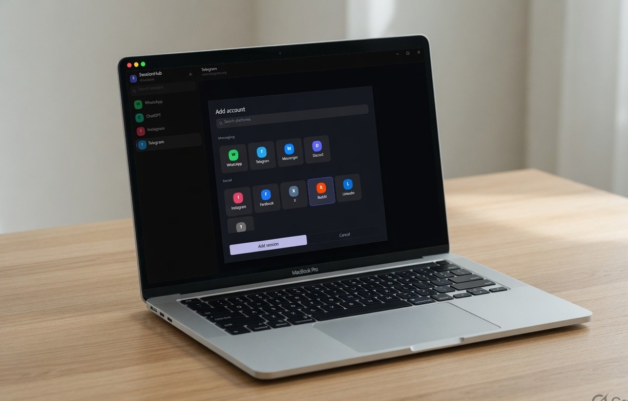Add account dialog on a MacBook, same presets and isolated sessions.