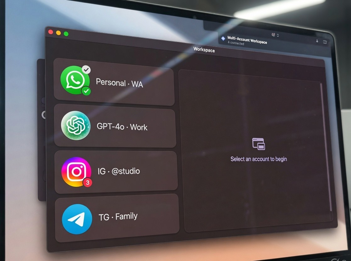 Close-up of SessionHub on a Mac display: named WhatsApp, ChatGPT, Instagram and Telegram rows.