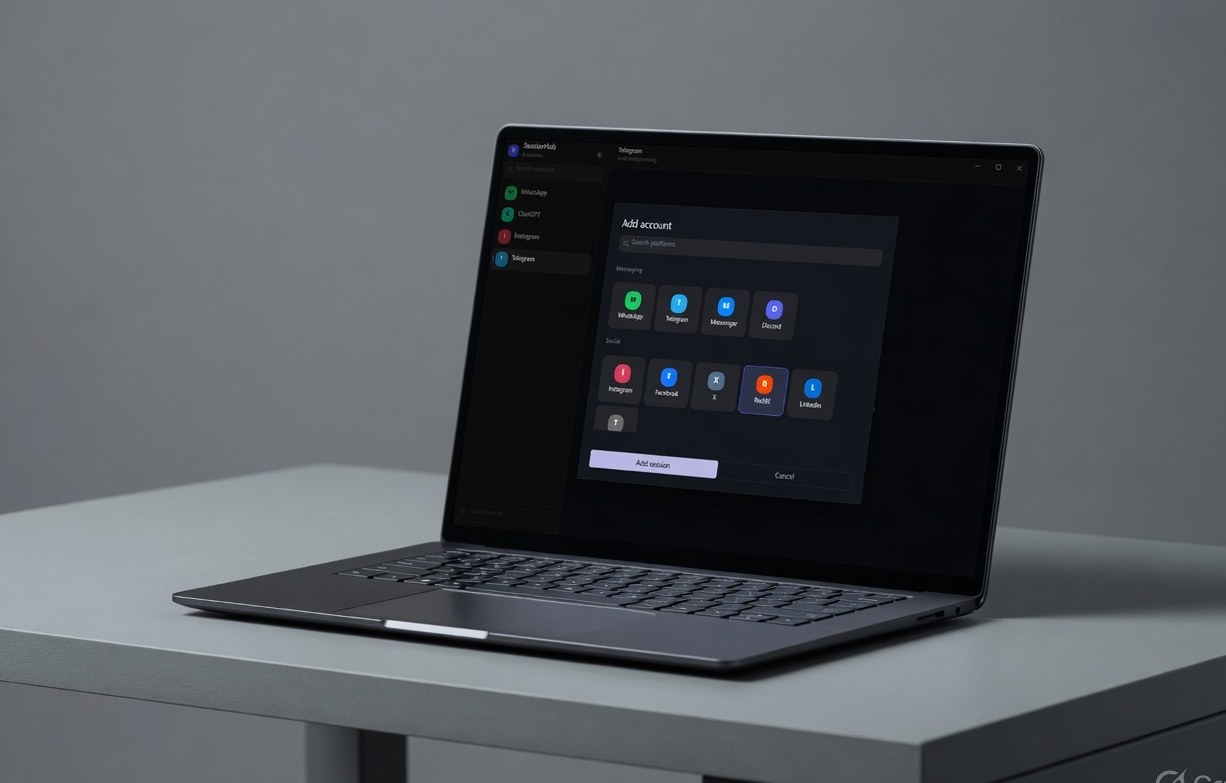 Add account dialog on Windows, with presets for messaging, social, ads and AI.