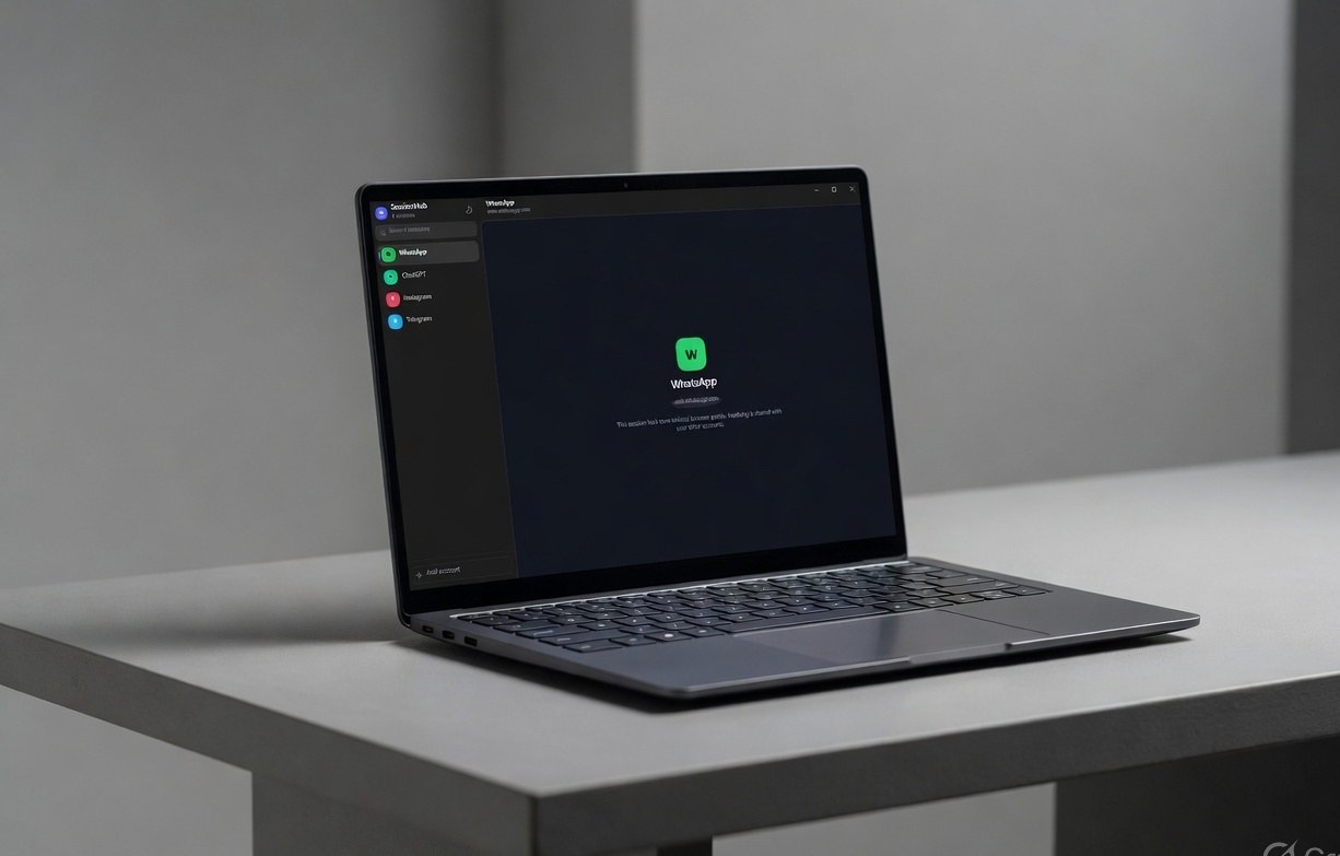 SessionHub on a Windows 11 laptop, with the same isolated sidebar of accounts.