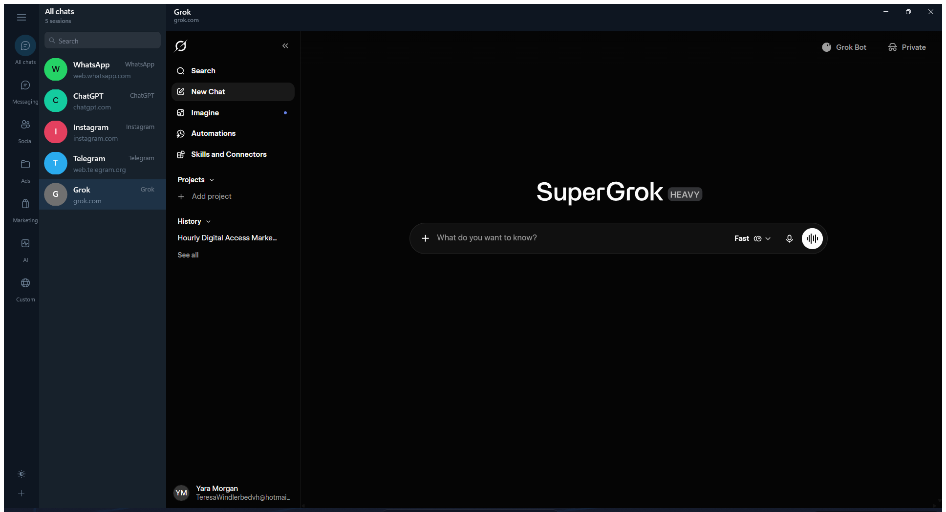 SessionHub maximized window with Messaging, Social, Ads, Marketing and AI folders, running Grok beside WhatsApp and Telegram accounts