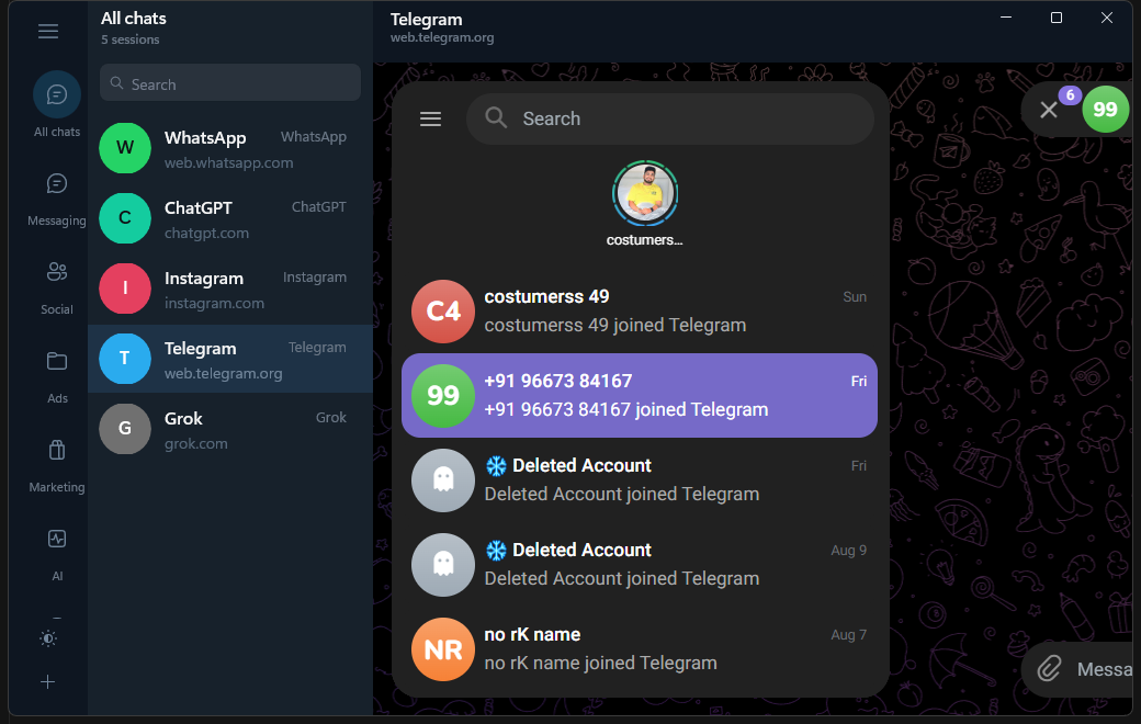 SessionHub desktop app showing folder rail, session list, and Telegram open in an isolated session